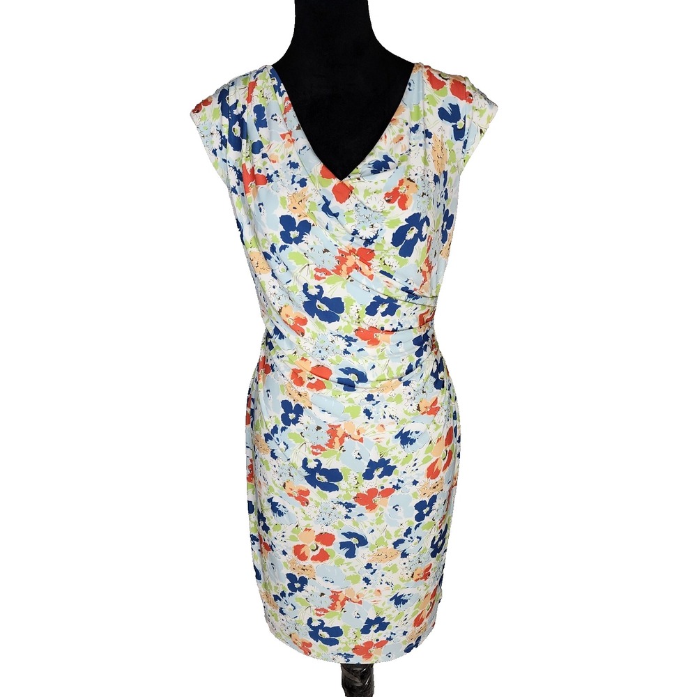 LRL Lauren Ralph Lauren Size 12P Floral Ruched Stretch Chic Office Sheath Dress